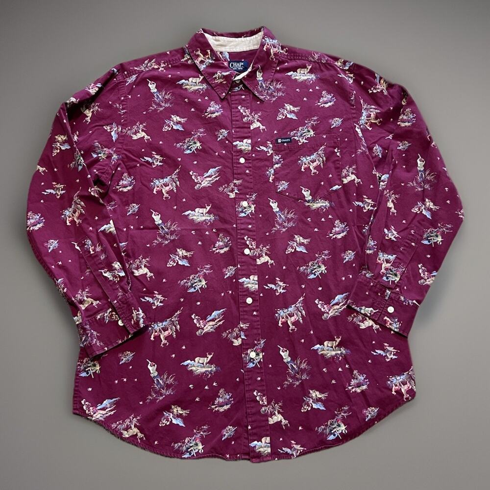 Chaps 100% Cotton Men's L Shirt Classic Buck Pheasant Buck Dog Hunting Button Up